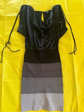 bebe Black Satin Top Gray Ombre Bandage Midi Dress